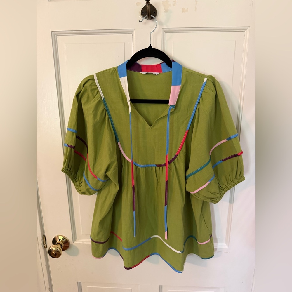 Olive Green Puff-Sleeve Peasant Tunic with Multicolor Ribbon Trim